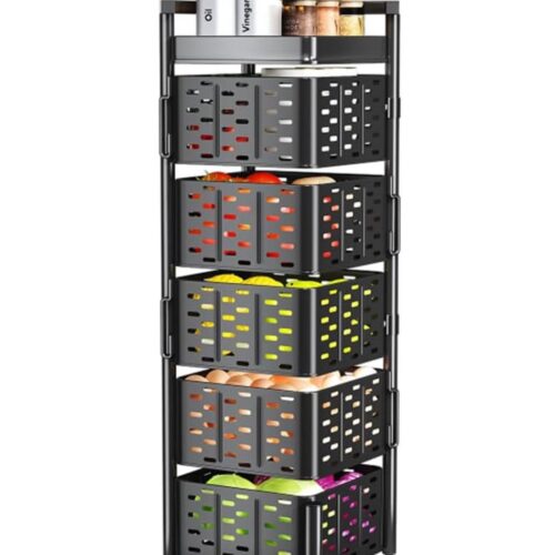 Serveerwagen, keukentrolley, serveerwagen met wieltjes, extra dik staal, magnetisch design, keukentrolley met wielen, kantoor 5 etages hoekig zwart (zwart vierkant, 5 niveaus)