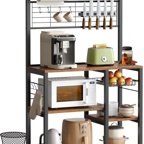 Signature Home Queensland Keukenrek - staand rek - werkblad keuken - keukeneiland met magneetstrip voor messen - draadmand - keukenrolhouder - 12 haken - vintage bruin-zwart