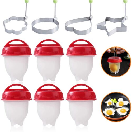 TRANKIELO® - 6 Stuks Siliconen Eierkoker Set - Inclusief 4 Roestvrij Stalen Omeletvormen - Makkelijk Schoon Te Maken - Antiaanbaklaag - Vaatwasmachinebestendig