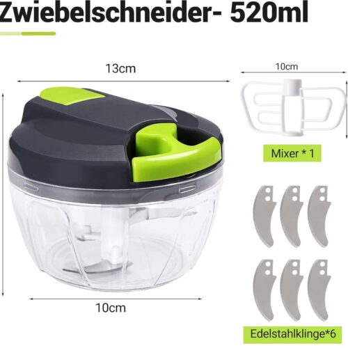 TRANKIELO® - Handmatige Mini Hakmolen 520 ml - Uienhakker en Blender - BPA-vrij - Geschikt voor Groenten, Uien, Knoflook, Noten, Kruiden, Fruit - Kleur: Grijs/Groen