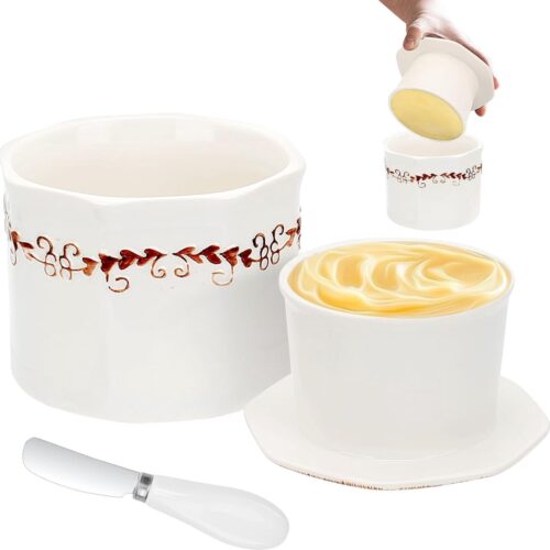 TRANKIELO® - Retro Botervloot met Deksel - Keramische Porseleinen Boterbewaarder - Inclusief Spatel - Voor 280g Boter