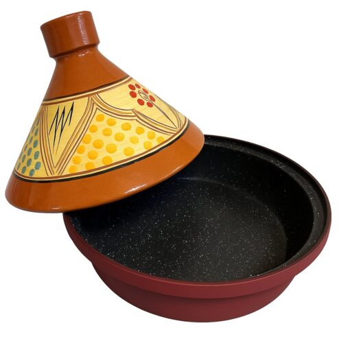 Tajine 30 cm - Marokkaans Handgeschilderd - Aardewerk & Aluminium - Donkerrood - Multikleur Motief - geschikt voor alle warmtebronnen - Inclusief inductie