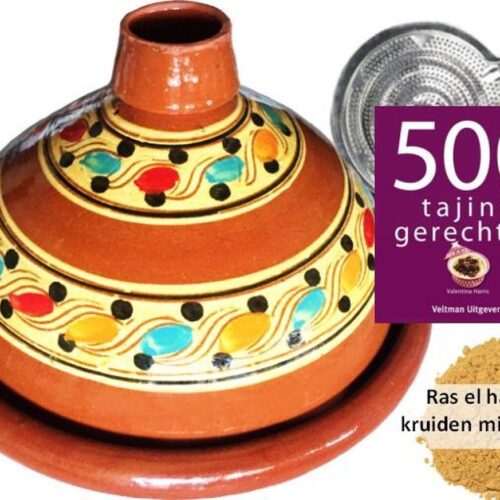 Tajine set voor 6 personen - 190 gr kruiden - incl. kookboek - vlammenverdeler