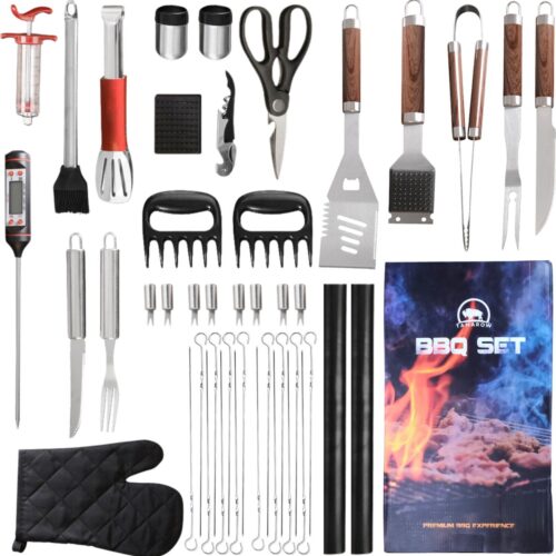 Tamarow 46 delige BBQ Accessoires Set - Barbequegereedschapset - RVS Kamado Gereedschap - Barbecue Tang - Vlees Spiezen - Spatel & Borstel - Incl. Koffer