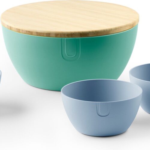 UBITE zomerset - bio-based saladeschaal aquamarine green (XL - Ø 27) inclusief deksel/snijplank + set van 3 bio-based bowls sky blue (S - Ø 13) - saladeschaal/saladekom/kom/schaal/bakje/duurzaam