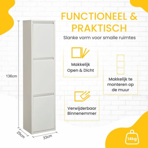 VEEHAUS® - Monstera - Prullenbak 3 vakken - Afvalemmer 45 Liter (3x 15L) - Wit - Hygiënisch Recyclen - 3-vaks Prullenbak Afvalscheiding - Afvalbak Metaal - Afval Scheiden - Prullenbak