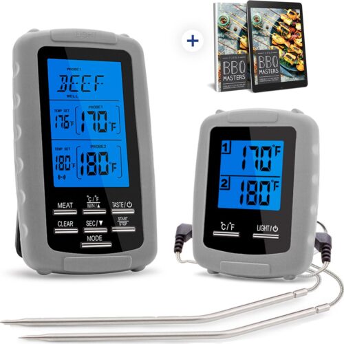 Vleesthermometer Digitaal & BBQ thermometer draadloos in 1 - BBQ accesoires Draadloos & Digitaal - BBQ accesoires Draadloos - Met Timer & Kerntermometer - Incl. E-book - FURNA®