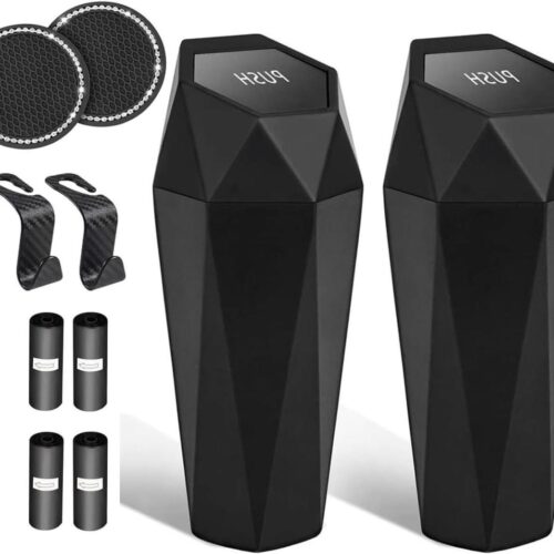 Zeynomax - Auto vuilnisemmer set van 2 met deksel en drankhouders | Praktische mini-afvalemmer voor auto interieur | Handige vuilnisbak voor thuis en onderweg met 4 wielen | Inclusief vuilniszakken