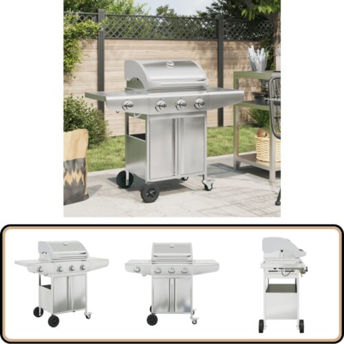 vidaXL Gasbarbecue 4 branders zilver RVS Gasbarbecue - Bbq - Buitengoed - Grill - Roestvaststaal