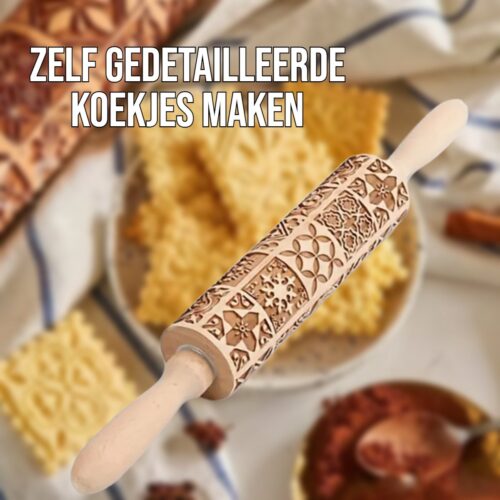Allernieuwste.nl® Reliëf Deegroller Hout - 20x Vierkante Bloempatronen - 36x4,5cm