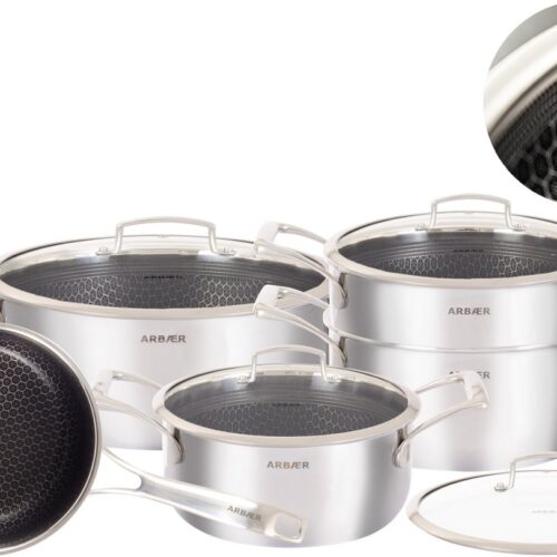 Arbaer 9-delige Pannenset - Inductie, Elektrisch, Keramisch & Gas - Met Honingraat Anti-aanbaklaag - Sauspan, 3x Kookpan met Deksels, Soeppan met Deksel