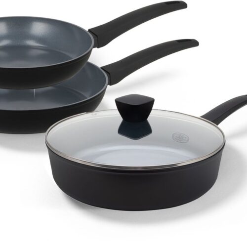 BE Living Pannenset 3-delig - Ø 24 & 28 cm Koekenpan + Ø 28 cm Hapjespan met deksel - Koekenpannenset - Sauteerpan - Keramisch - Inductie - PFAS Vrij Anti Aanbak - Delight Series