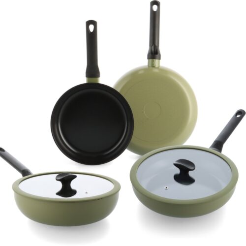 BK Enjoy 4-delige Set - Koekenpan 24/28cm - Hapjespan met deksel - Wokpan 28cm - PFAS vrij - Olijfgroen - koelgrepen - ovenbestendig tot 160°