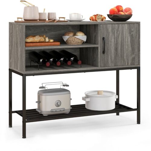 Barkast - Wijnrek - Keukentrolley - Wijnkast - Drankkast - 100 x 35 x 83 cm - Wijnfleshouder - Wijnglazenhouder - Grijs