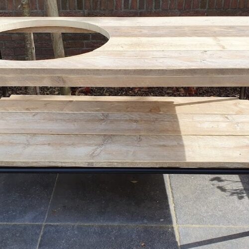 Big Green Egg Tafel | Buitenkeuken | 140x70cm | Gat 50cm | Zwart Staal en Hout | BBQ Tafel | Kamado Tafel | Barbecue | Bastard | Grill Guru | Kamado Joe | Ombouw | Onderstel | Geschikt voor vele modellen