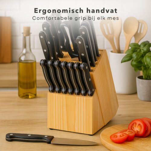 Cheqo® 22-delige Messenset met Houten Messenblok - RVS Keukenmessen Set - Koksmes & Santokumes - Broodmes & Vleesmes - Keukenschaar Inbegrepen - Duurzaam & Ergonomisch - Veilig & Compact Opbergen