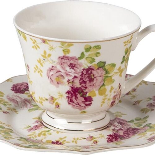 Clayre & Eef Kop en Schotel 200 ml Wit Porselein Bloemen