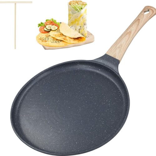 Crêpepan inductie, 24 cm pannenkoekenpan met deegverdeler, pannenkoekenpan met echte steendeeltjes, antiaanbaklaag, houten handvat, voor alle kookplaten