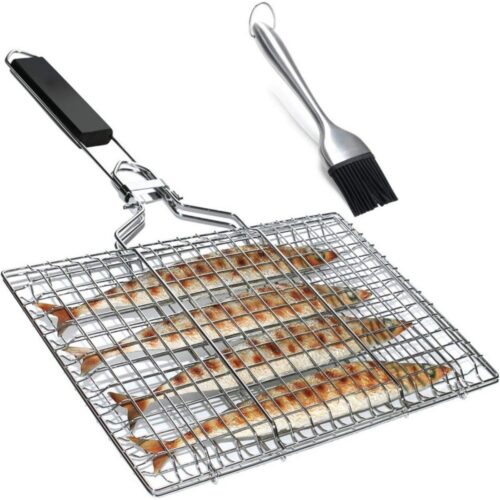 Dussdote Gegrilde vispan - Grillpan van roestvrij staal - Grill apparaat - Opvouwbaar, draagbaar, roestvrij - Met Oxford-tas en borstel