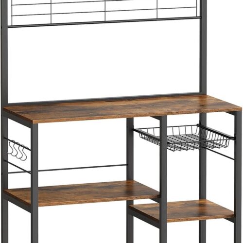 FurnStar - Keukenrek - Staand rek - Werkblad keuken - Keukeneiland met magneetstrip voor messen - Draadmand - Keukenrolhouder - 12 haken - Ebbenhout - VintaGEbruin + Zwart.