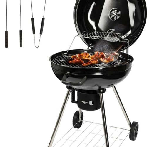 Goliving Houtskool Barbecue - Ø54 cm - Inclusief Accessoires - Houtskoolbarbecues op Wielen - XXL BBQ met Deksel - Rond - 65 x 89 cm - Zwart - Metaal