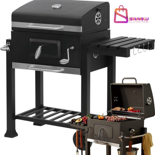 Grote Houtskool Barbecue met Deksel - Thermometer, 2 Grillroosters, Aslade & Zijtafel - BBQ met Wielen - bbq accesoires - bbq hoes - 51772