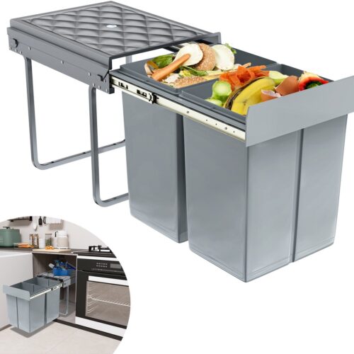 Inbouw-afvalscheidingssysteem, afvalsorteerder, 2 uitneembare afvalemmers, uittrekbare tandemtrails, met telescopische rails voor keuken, grijs, 48 x 34 x 42 cm, 2 x 20 l