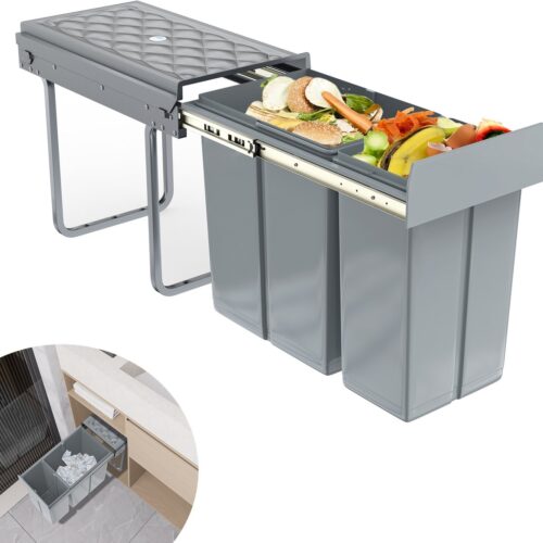 Inbouw-afvalscheidingssysteem, afvalsorteerder, 2 uitneembare afvalemmers, uittrekbare tandemus, met telescopische rails voor keuken, grijs, 48 x 26 x 42 cm, 1 x 20 l + 1 x 10 l