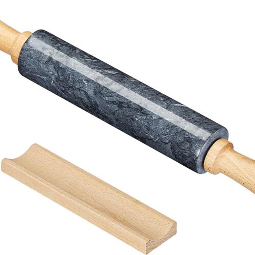 Intirilife Marmeren Deegroller met houder, in Zwart - 46.5 cm - Deegroller, bakroller, rolstok, gemaakt van natuurlijk marmer, voor eenvoudig uitrollen van deeg, gemakkelijk schoon te maken