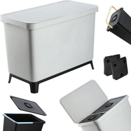 KADAX Afvalemmer met klapdeksel, rechthoekige afvalemmer van kunststof, vuilnisemmer met handgreep, afvalverzamelaar voor afvalscheiding, vuilnismand (grijs, 10 l + 23 l)