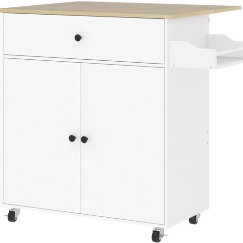 Keukeneiland - Keukentrolley - Keukenkast - Kookeiland - Werkblad - Uitklapbaar Werkblad - Melamine Afwerking - Wit en Eiken