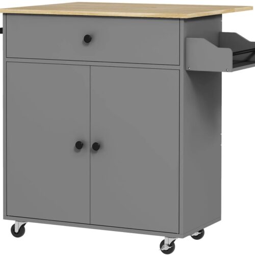 Keukeneiland - Keukentrolley - Kookeiland - Keukenkast - Serveerwagen - Inklapbaar Werkblad - Met Wieltjes En Opbergruimte - Grijs en Eiken
