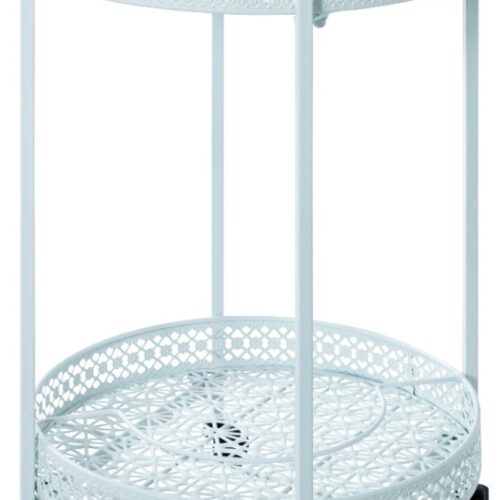 Keukentrolley - Trolley op wielen - Strak wit metaal - Stalen buizen en metalen planken - Compact rond Ø45 cm - Hoogte 74 cm