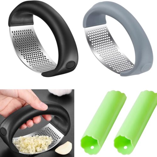 Knoflookpers - roestvrij staal - keukenupgrade - wip met knoflookschiller - eenvoudige reiniging - zwart + grijs