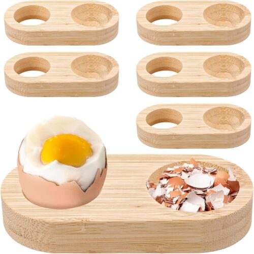 LDHHYH 6 stuks eierdopjes, bamboe, premium eierdopjes, hout, stapelbare houten eierdopjes met geïntegreerde plank, grappig voor elke ontbijttafel