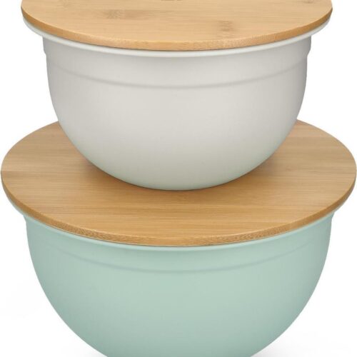 Navaris metalen vershoudbakjes 2 stuks - Meal prep bakjes met bamboe deksel - 2x kom met luchtdicht deksel - Bewaarbakjes in 2 maten - Mintgroen/grijs