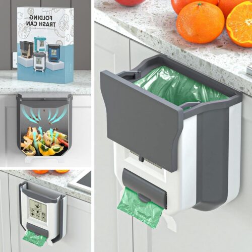 Opvouwbare hangende afvalemmer met deksel - keuken camping - ophangbaar - grijs