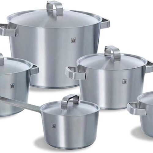 Pannenset 5-delige roestvrij stalen pannenset voor inductie oven grill vaatwasserbestendig Stay-Cool-handgrepen PFAS-vrij zilver Pannenset