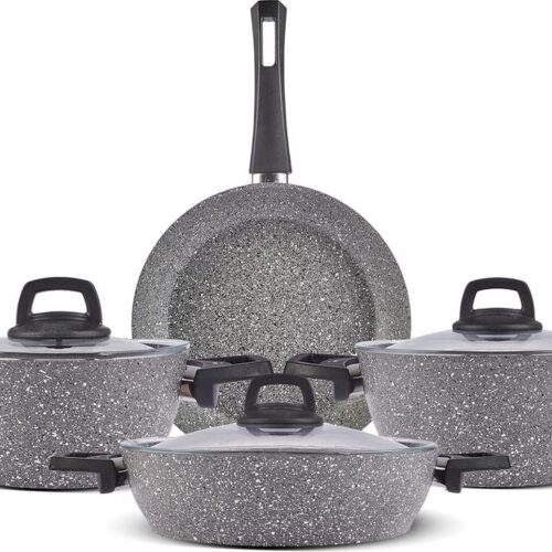 Pannenset - organisch graniet 7-delig - anti-aanbaklaag inductie - kookpannenset - pot- en pannenset met glazen deksels Pannenset
