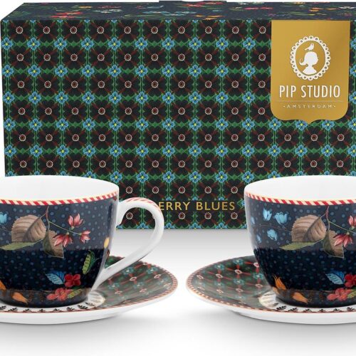 Pip Studio Berry Blues Espresso Kop en Schotel 120ml Set van twee Donkerblauw Bloemen Cadeaudoos
