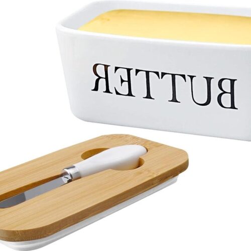 Rechthoekige keramische botervloot met houten deksel - luchtdichte botervloot - botermes - 250 g - deksel
