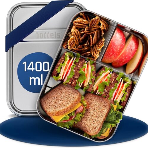 Roestvrijstalen broodtrommel met vakken, 1400 ml, incl. flexibele verdeler, broodtrommel voor kinderen, met onderverdeling, broodtrommel voor kinderdagverblijf, school, werk, lunchbox voor