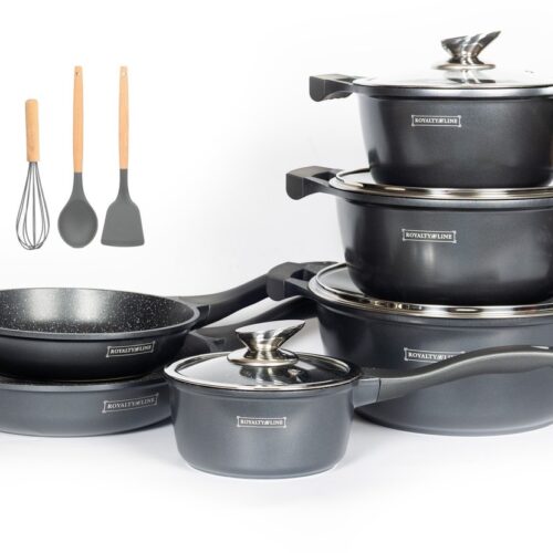 Royalty Line® BS1010 Pannenset Inductie - 13 Delige Pannensets Met Antiaanbaklaag - PFOA Vrij - Pannen Voor Alle Warmtebronnen - Zilver