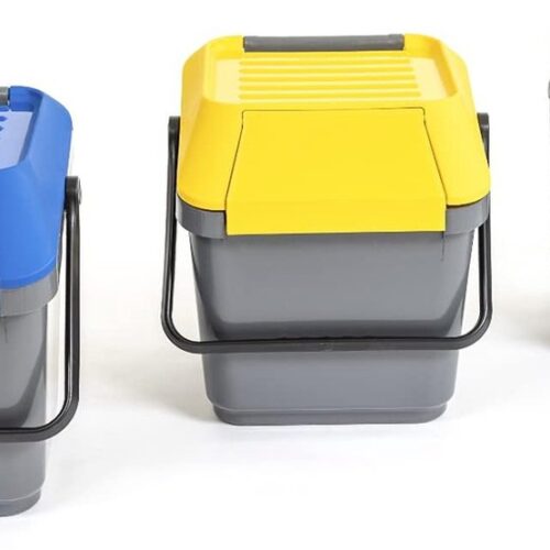 Ruimtebesparende stapelbare afvalemmer voor afvalscheiding, 35 liter, 3 stuks (grijs met gele blauwe en groene deksels)