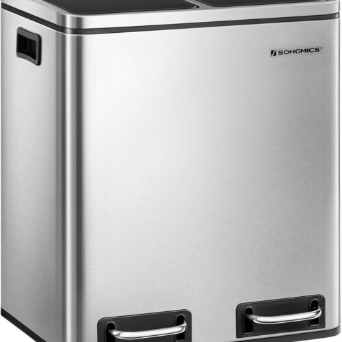 SONGMICS 30L Afvalemmer afvalscheiding Afvalscheidingssystemen met 2 binnenbakken Pedaalemmer voor keuken Roestvrij staal 2 x 15L Zilver