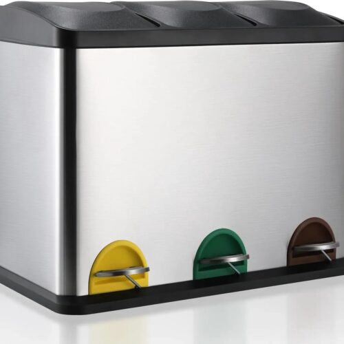 Seastone - Prullenbak Afvalscheiding 45 Liter - RVS Prullenbak 3 vakken - Trio Prullenbak 3 X 15 Liter - Pedaalemmer - Vuilnisbak voor huishouden en kantoor - Recycle keuken Afvalemmer - Afvalscheidingsprullenbakken