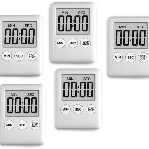 Set van 5 digitale timers, kookwekkers, alarmklokken zilver