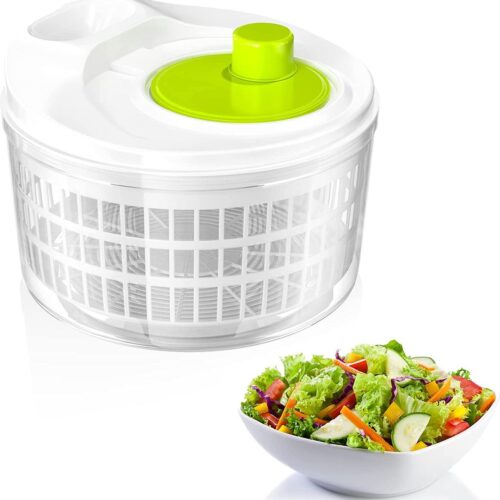 Slacentrifuge met deksel, slacentrifuge met zwengelaandrijving in 5 liter slakom en zeef, keukenhulp sladroger voor het wassen en drogen van sla, groenten en fruit (23 cm x 22 cm)