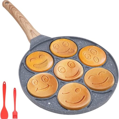 Smiley Face Pannenkoekenpan - antiaanbaklaag - 7 gaten - mini pannenkoekmaker - kinderen - inductie compatibel - 26cm - zwart