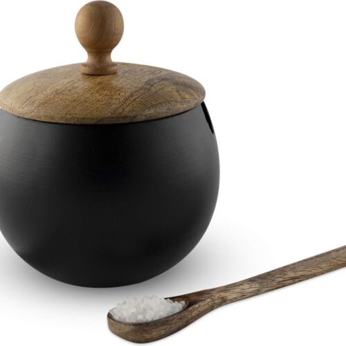 Suikerpot met houten deksel en lepel voor huis en keuken - Trommelvorm (matzwart)